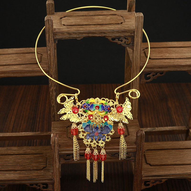 新款中式新娘秀禾服流苏项链古装头饰流苏项圈龙凤褂金色璎珞饰品