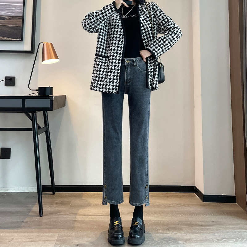 加绒直筒牛仔裤女秋冬季2022年新款高腰显瘦小个子九分烟管裤子女