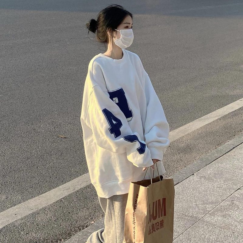 白色卫衣女春秋潮ins慵懒风oversize设计感小众冬季加绒无帽上衣