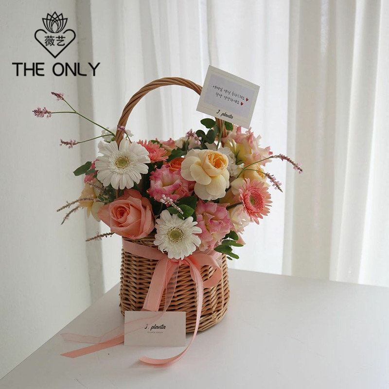 插花薇艺原木木色手提花篮鲜花绿植花篮子花艺花篮