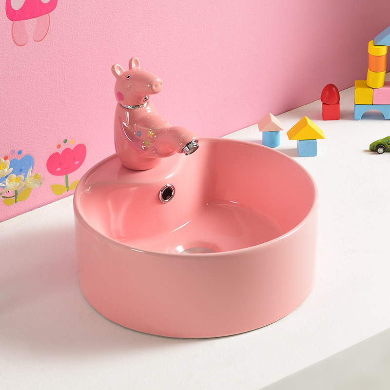 幼儿园洗手盆 陶瓷儿童彩色台上盆洗面盆卡通小猪龙头洗手池台面