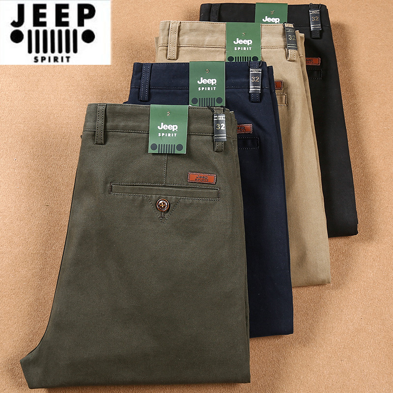 吉普纯棉休闲裤男士春秋款宽松中老年直筒大码高腰深档夏季薄款