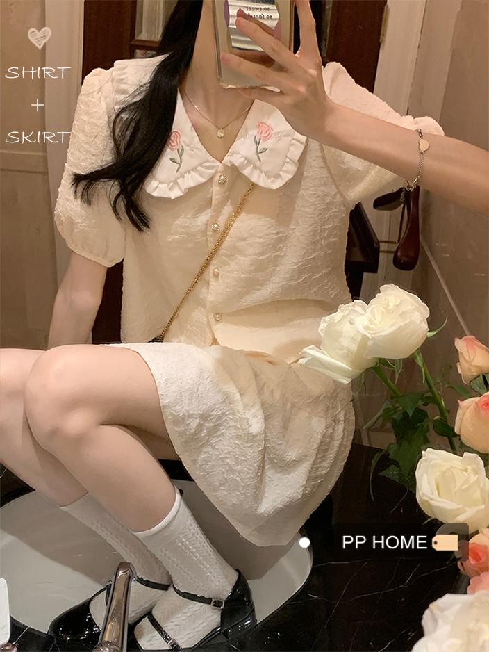 PPHOME邻家小女~夏季甜美刺绣娃娃领短袖衬衫上衣+百搭蓬蓬半身裙