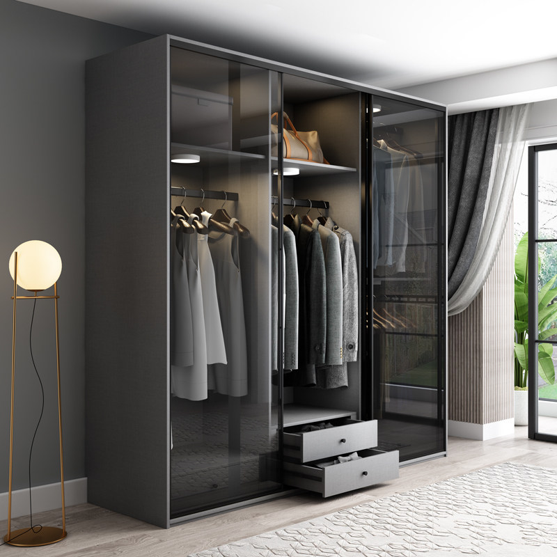 现代简约轻奢卧室玻璃门网红衣柜推拉门定制组装衣帽间衣柜