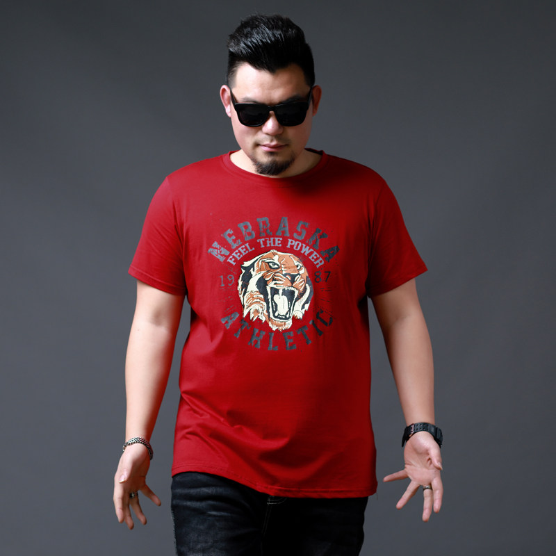 虎头加大红色半袖运动宽松加肥印花肥佬胖子t恤