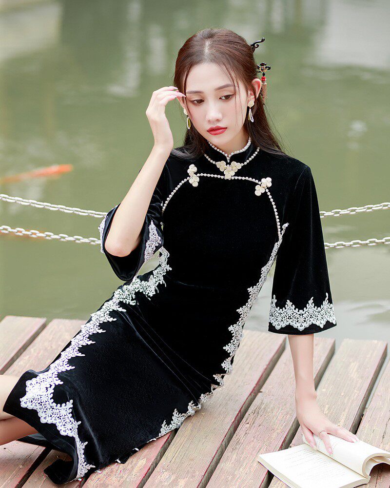 黑色丝绒绒美龄襟旗袍秋冬改良年轻气质高端旗袍