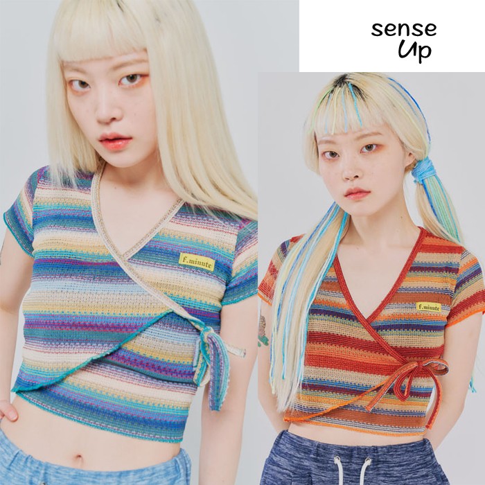 SENSEUP20夏韩国正品FEVER MINUTE设计师品牌条纹包裹式系带开衫