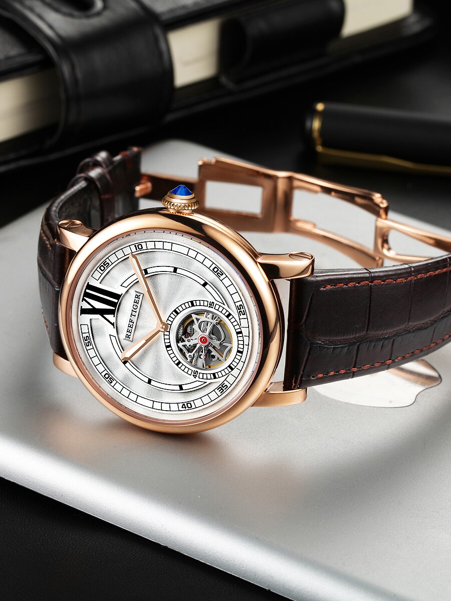 瑞夫泰格男士手表陀飞轮机械表男表全自动镂空防水夜光军表黑皮带