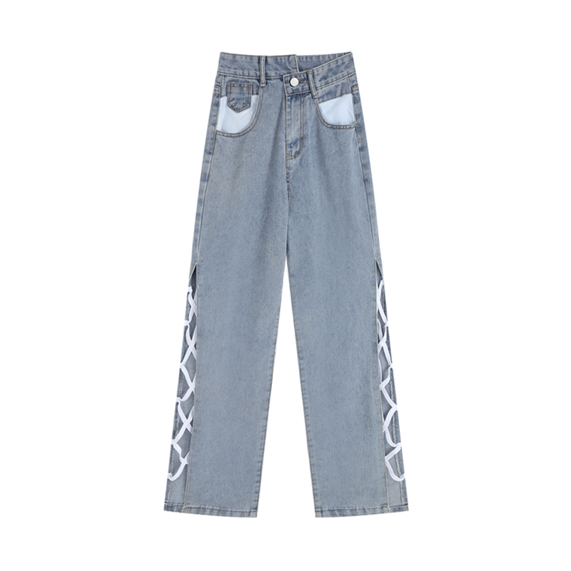 MATTUCLB 设计感小众牛仔裤女夏季高腰百搭不规则侧开叉绑带裤子
