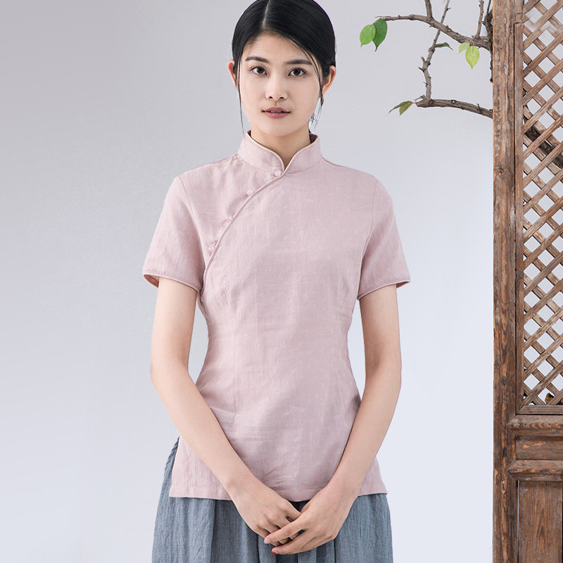 上衣旗袍禅意夏禅意茶服女短袖偏襟年轻少女短款上衣