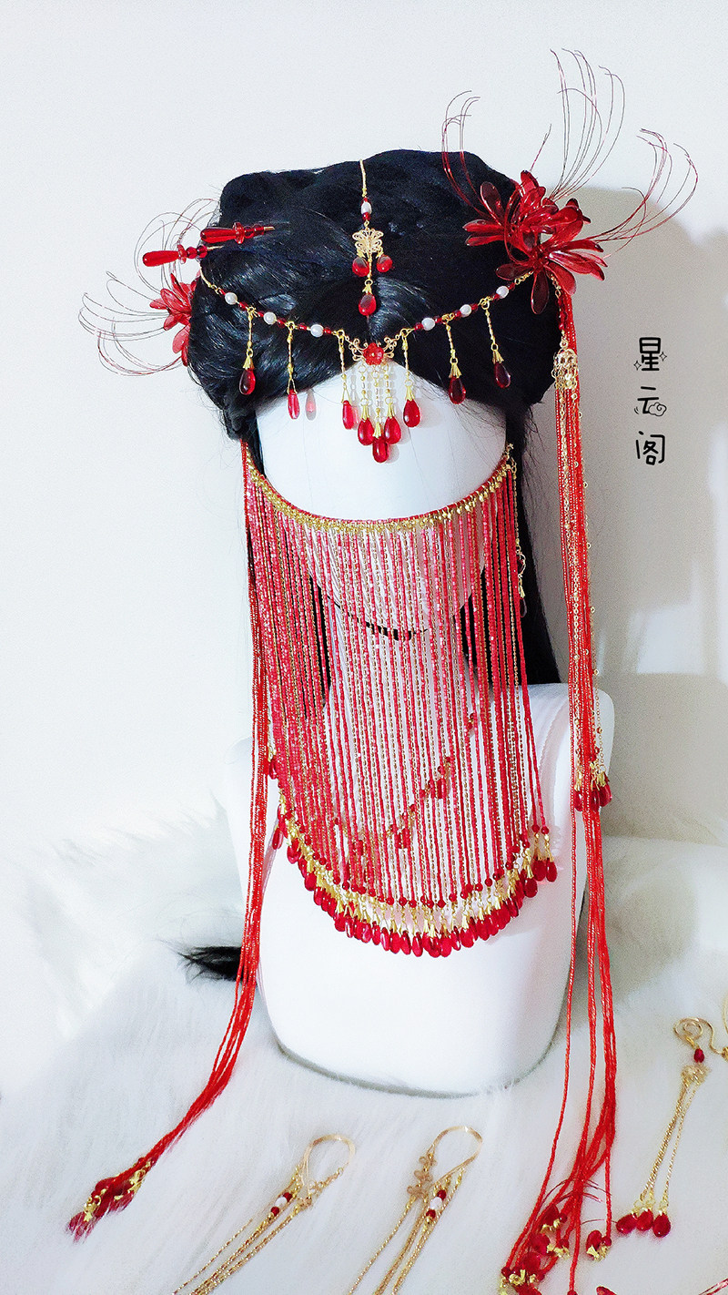 原创压长流苏额链彼岸红尘彼岸花头饰汉服配饰发饰