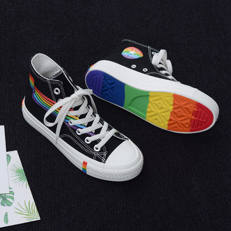 香港潮鞋2020春夏款彩虹彩底学生泫雅风高帮网红女生帆布鞋小白鞋