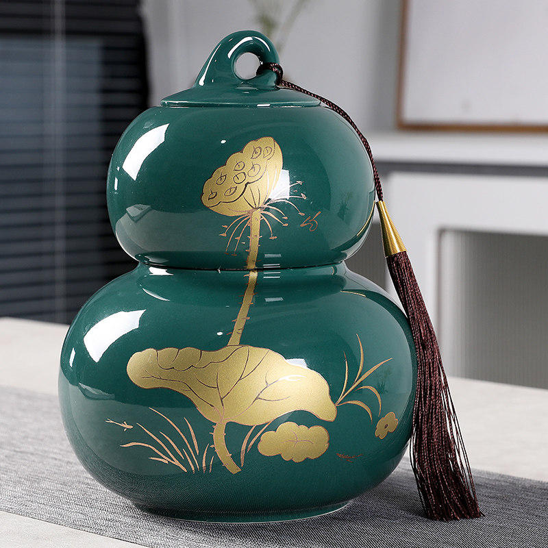 钿隆福禄陶瓷葫芦茶叶罐中大码普花红绿茶仓空包茶叶罐