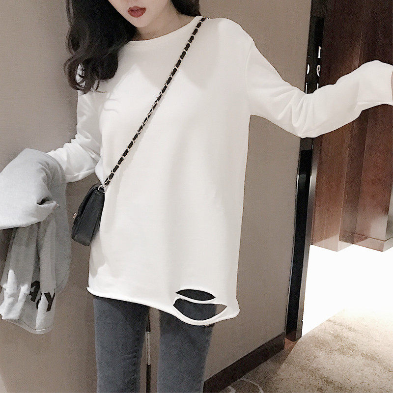 漏洞卫衣内搭烂洞打底衫破边纯棉宽松加厚中长款大白体t恤女破洞