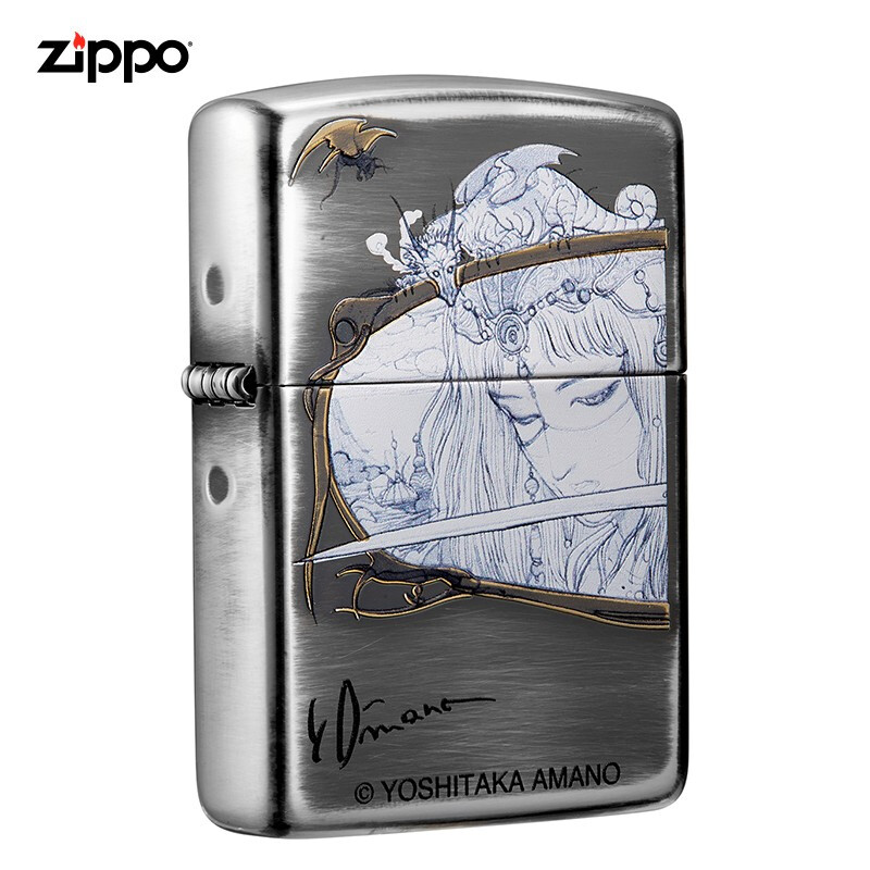 zippo打火机天野喜孝动漫纪念盔甲银色做旧最终幻想光之战士收藏