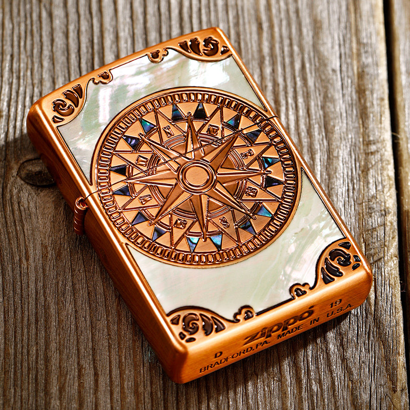 zippo打火机美国原装进口日版蚀刻贝壳镶嵌机罗盘zppozippo