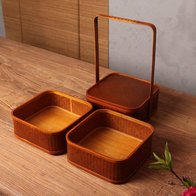 竹编仿古带盖收纳提篮多层便携食盒茶点月饼其他收纳篮