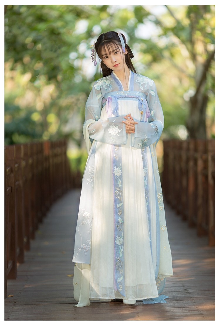 抖音汉服女 日常昙花刺绣对襟上襦齐腰齐胸襦裙 清新套装月下客