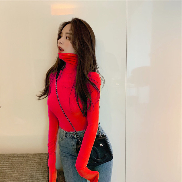 2020 Western style slim top pile pile sleeves autumn and winter all-match high neck bottoming shirt female candy color tight T-shirt long sleeves 2020 Western style slim top pile pile sleeves autumn and winter all-match high neck bottoming shirt female candy color tight T-shirt long sleeves