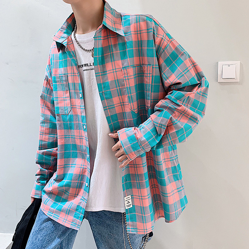 ins格子衫男长袖衬衫pureピュア很仙的衬衣痞帅外套潮春季上衣潮