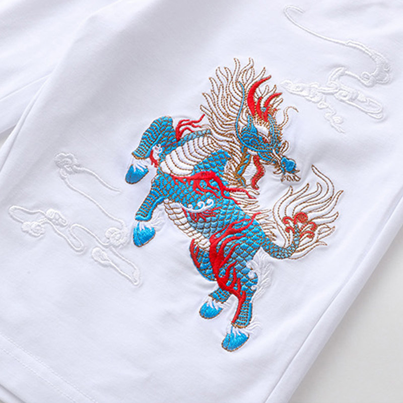 男士中国国风麒麟刺绣休闲裤夏季五分裤修身微休闲裤