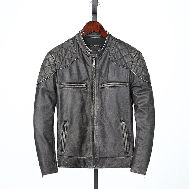 真皮皮衣灰色夹克复古做旧头牛皮立领短款纯皮皮衣