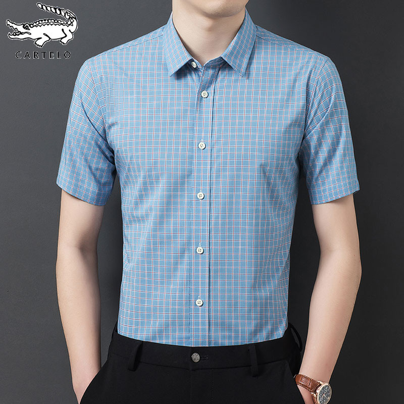 鳄鱼男士短袖2022夏季衬衫纯色商务休闲男装薄款纯棉格子衬衣男潮