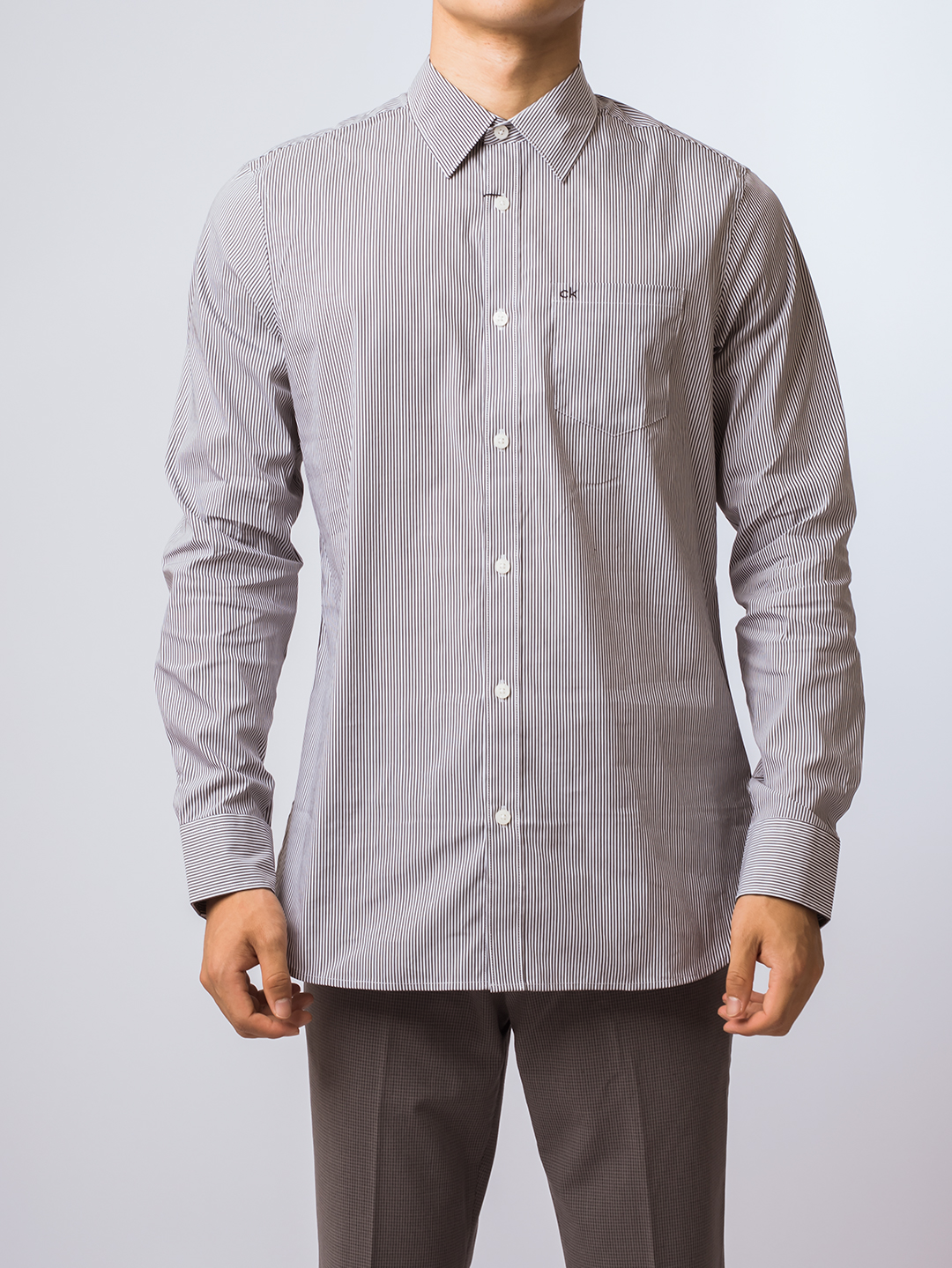 CK/Calvin Klein男士春秋季都市衬衫条纹口袋休闲长袖修身衬衣