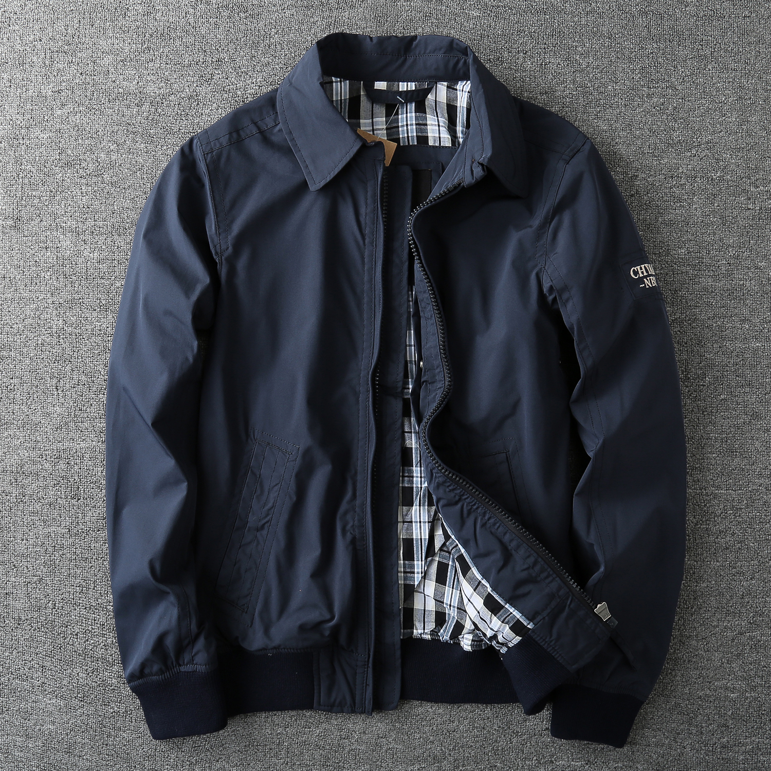 春秋冬男士商务休闲百搭修身翻领立领纯色双层外套夹克中青年男装