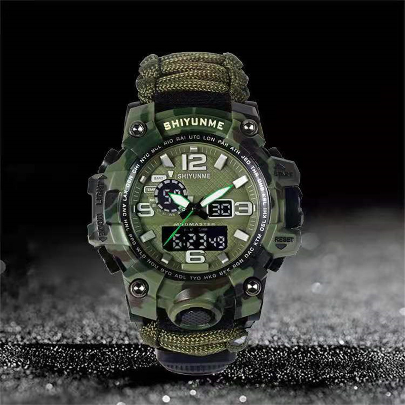 新款多功能救生伞绳指南针温度计男士户外冒险双显运动石英电子表