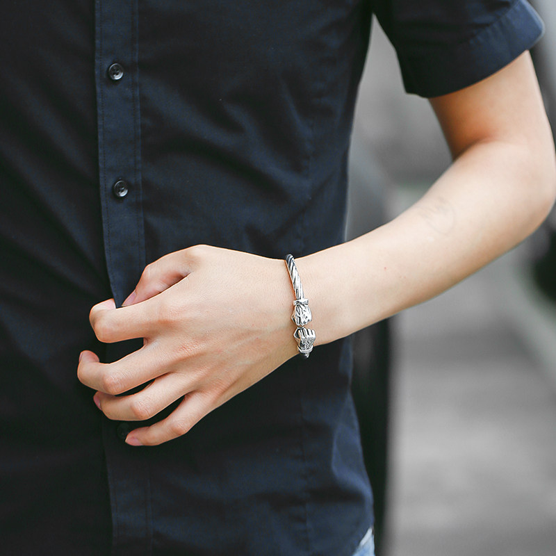 九乐990纯银开口式拳头手镯男士做旧民族风手工定制银环个性男款