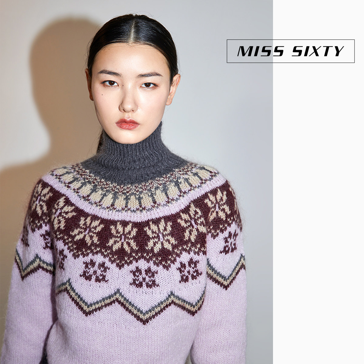 misssixty冬季半高高领图案宽松上衣毛衣毛织毛衣