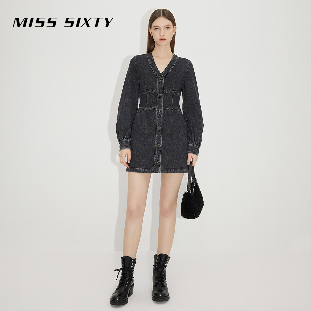 4h直降8折misssixty春秋牛仔连衣裙领高收腰连衣裙