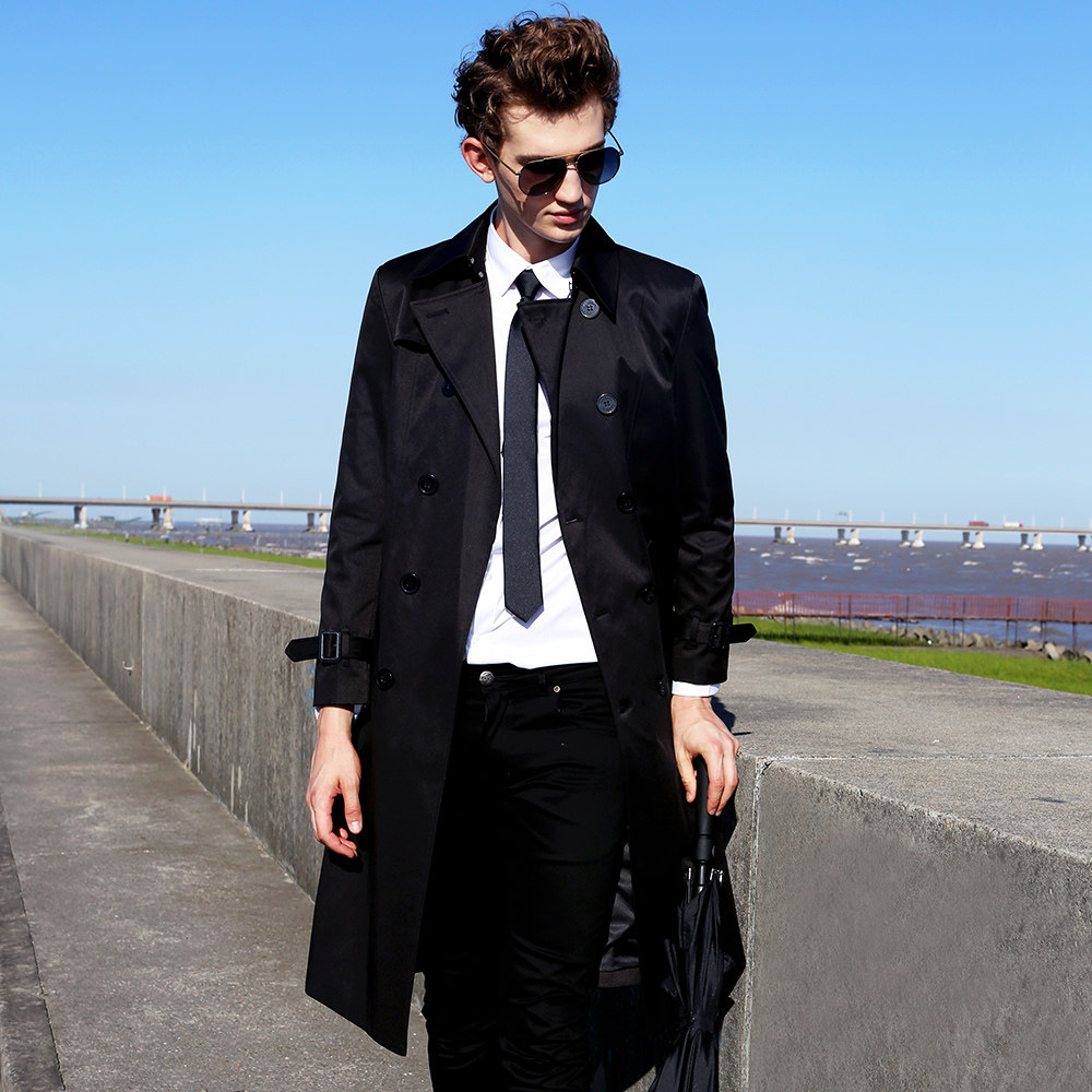 风衣ursmart英伦夺帅双排扣长款高开叉男士风衣