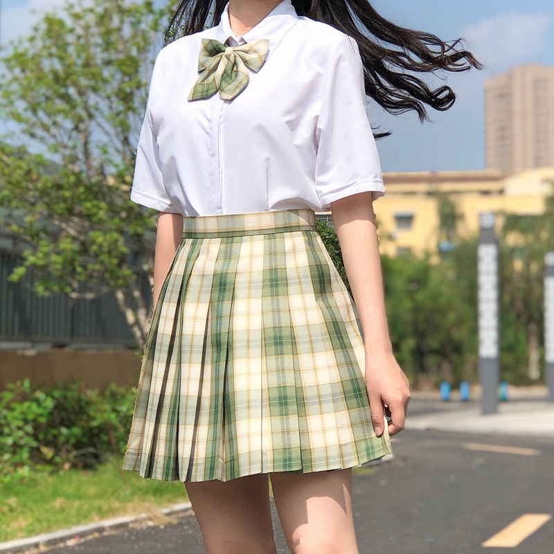 抹茶jk威化制服正版绿格学生百褶裙水果糖套装半身裙