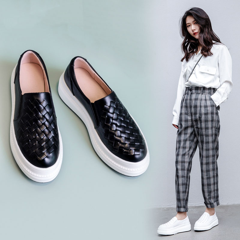 厚底乐福鞋女2022春新款一脚蹬懒人鞋真皮松糕单鞋防水台坡跟女鞋