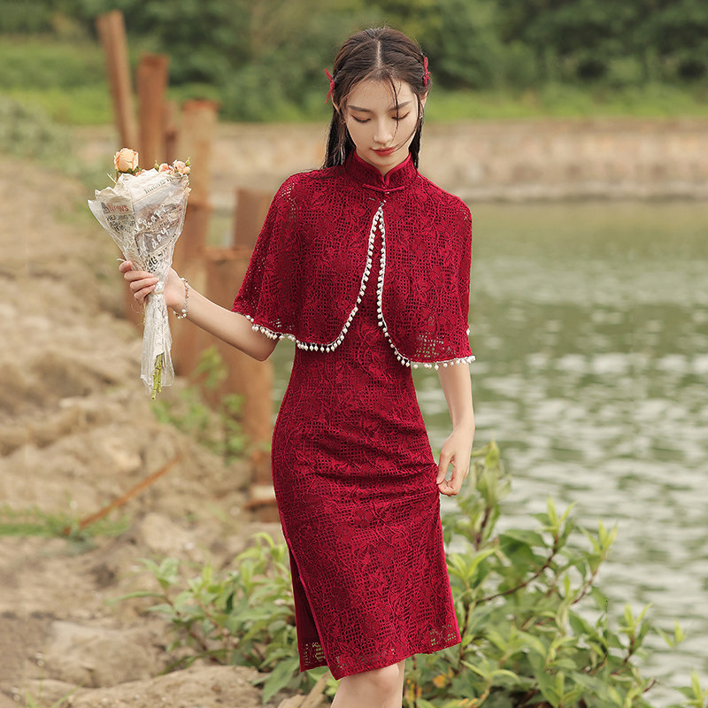 红色旗袍2022年新款夏季薄款敬酒新娘手臂两件旗袍