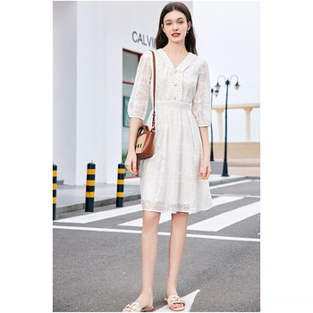 betu Baitu ສີຂາວ Embroidered V-neck Dress ແມ່ຍິງ 2024 Summer ໃຫມ່ 3-quarter Sleeve ເສື້ອເຊີດແອວສູງ