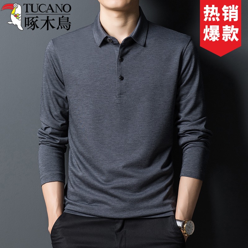 啄木鸟春秋季上衣服桑蚕丝长袖T恤男士翻领体恤中年打底polo衫男