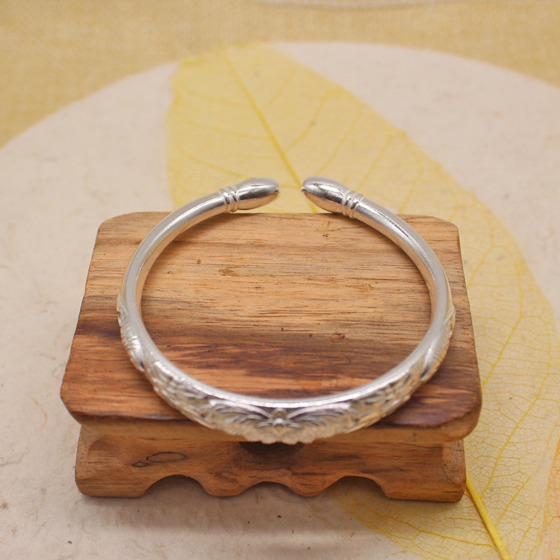 版纳傣族药银雪花s990经典荷花鱼银手镯开口手镯