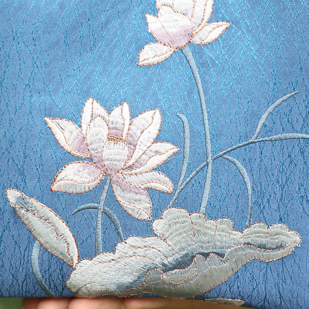 妙布语旗袍国风中国荷花刺绣蓝色布艺口金包手工缝纫diy材料套装