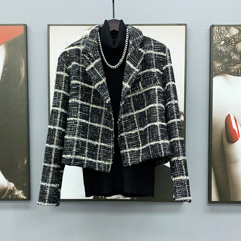 小香风高级感短款小西装男韩国发型师潮流宽松格子西服小外套帅气