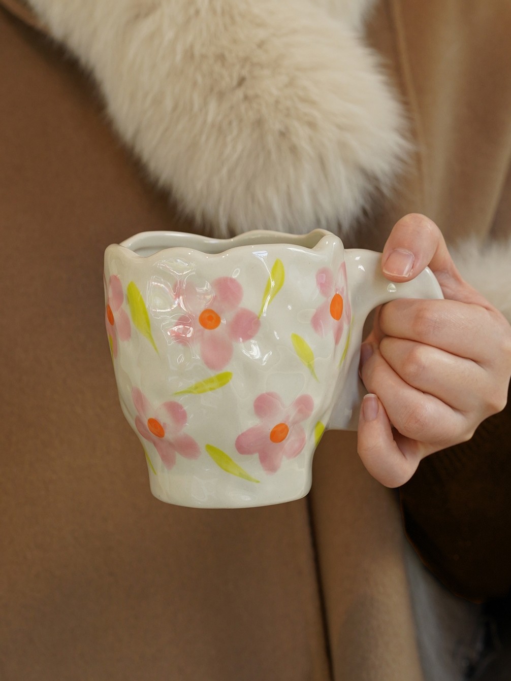 es日式手捏杯子手工不规则手绘花朵陶瓷瓷杯马克杯