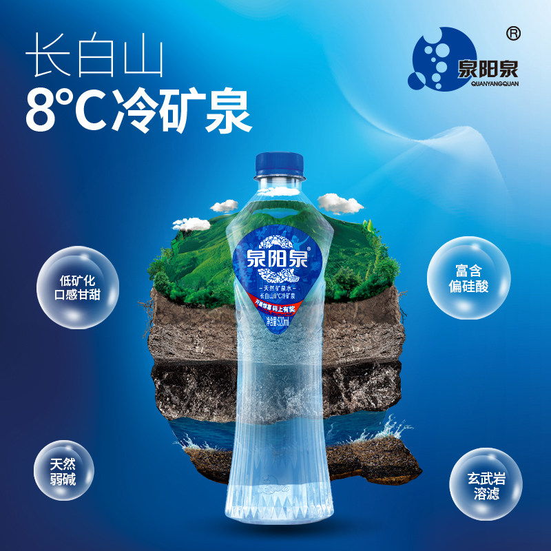 阳泉长白山天然矿泉水弱碱性国产饮用水520ml24瓶饮用水