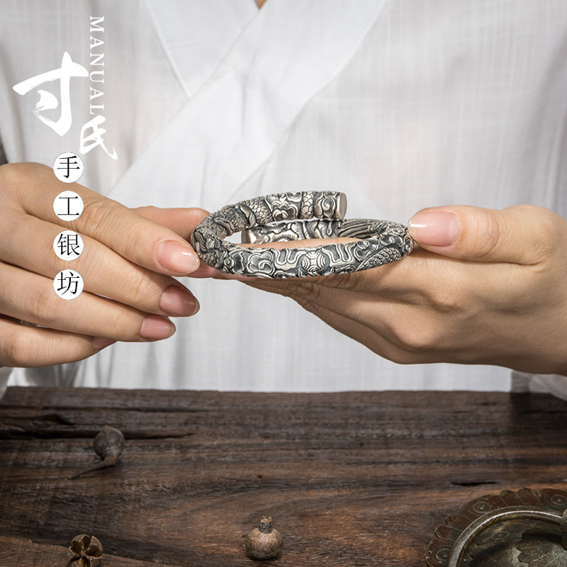 手镯寸氏原创纯银银龙抱柱龙凤男士霸气满雕手镯