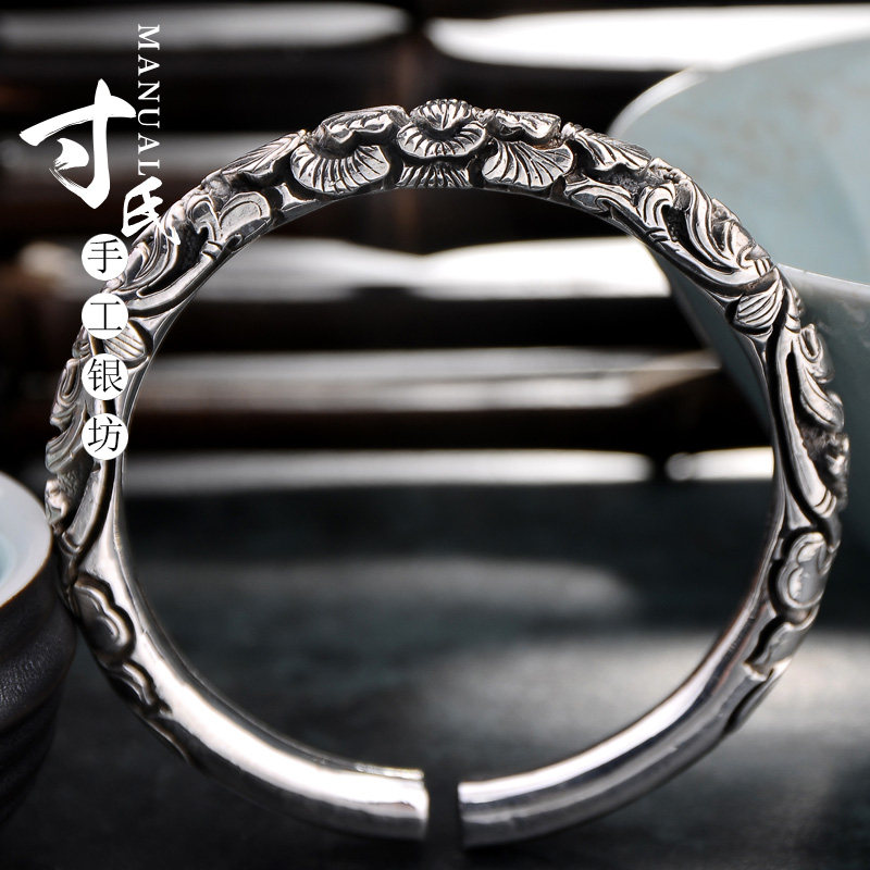 银镯寸氏手工雪花银立立体雕花牡丹花开口可调手镯