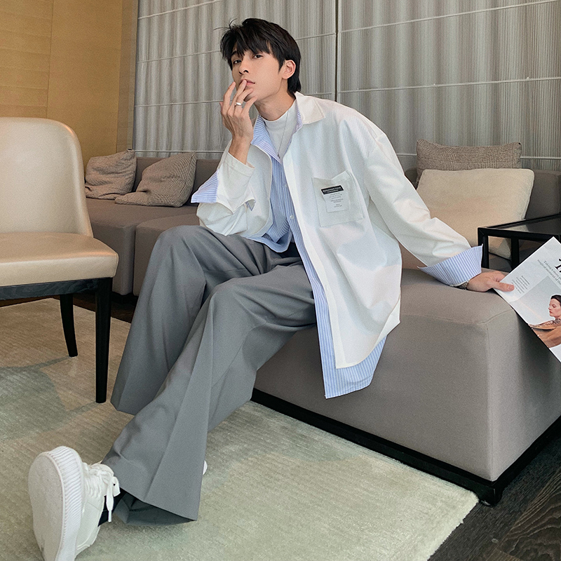 Hualun春秋假两件条纹衬衫男长袖高级感衬衣潮ins宽松韩版白寸衫