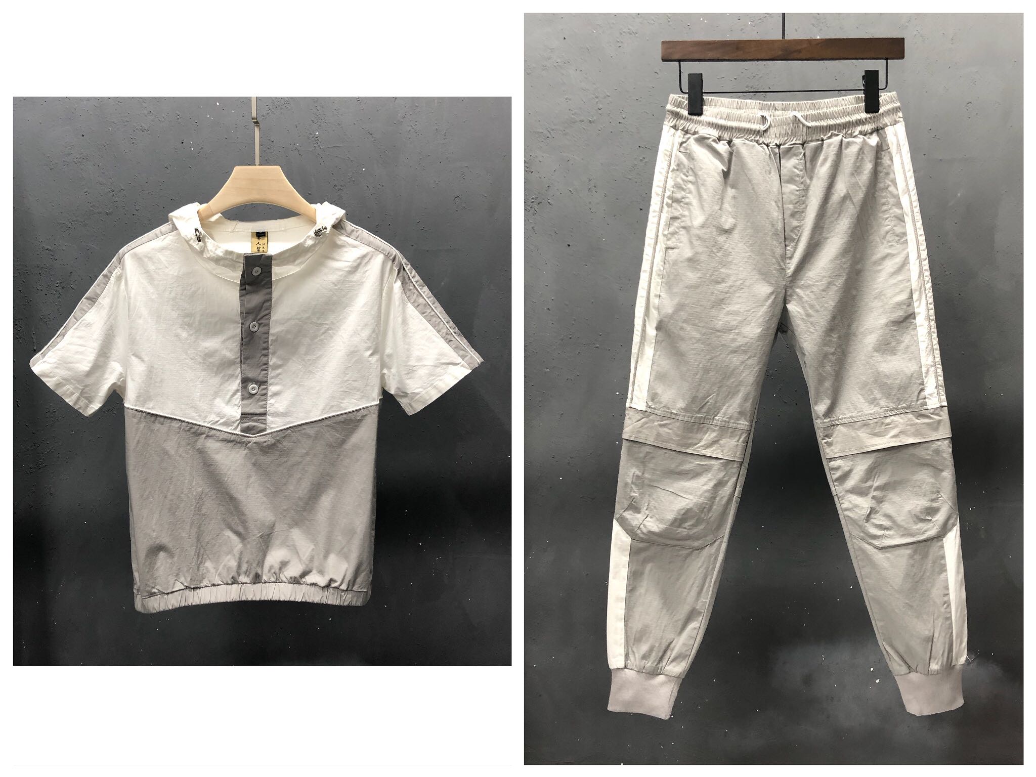 2022夏季新款套装男短袖韩版修身连帽拼色两件套时尚青年一套男装