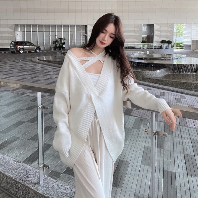 露背毛衣秋冬外穿一字两穿长款日针织衫性感度假毛针织衫