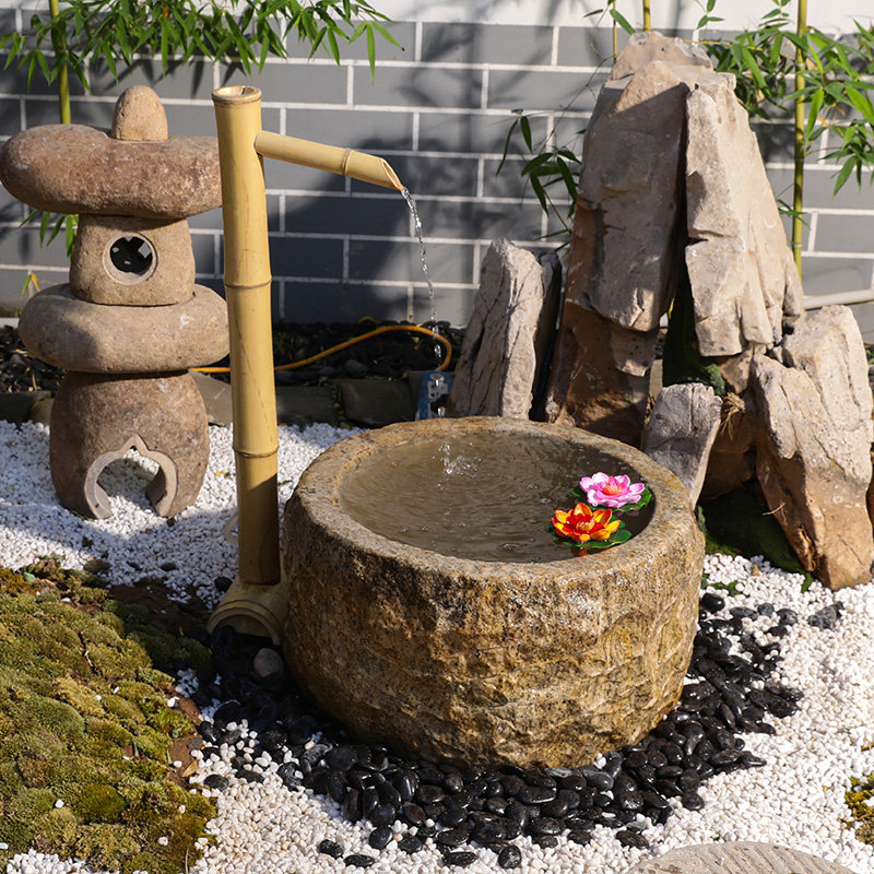 日式水景石钵鹿惊流水景观老石槽户外庭院枯山水水槽喷泉石缸造景